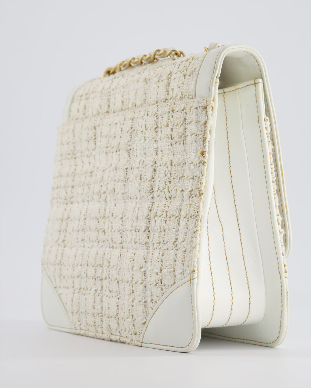 Top Quality Chanel Small White Tweed and Aged Calfskin Flap Bag with Brushed Gold Hardware
