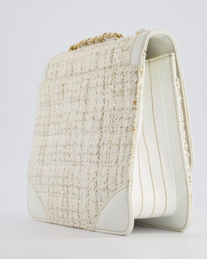 Top Quality Chanel Small White Tweed and Aged Calfskin Flap Bag with Brushed Gold Hardware