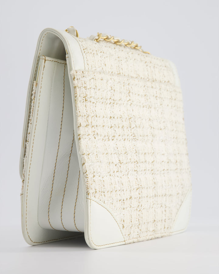 Top Quality Chanel Small White Tweed and Aged Calfskin Flap Bag with Brushed Gold Hardware