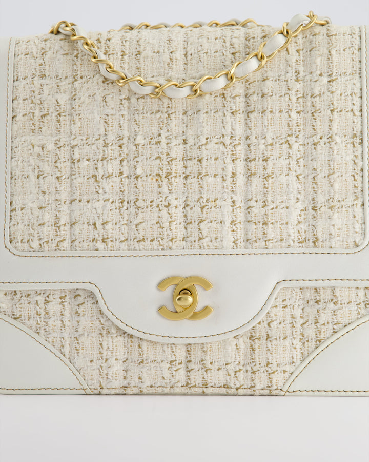 Top Quality Chanel Small White Tweed and Aged Calfskin Flap Bag with Brushed Gold Hardware