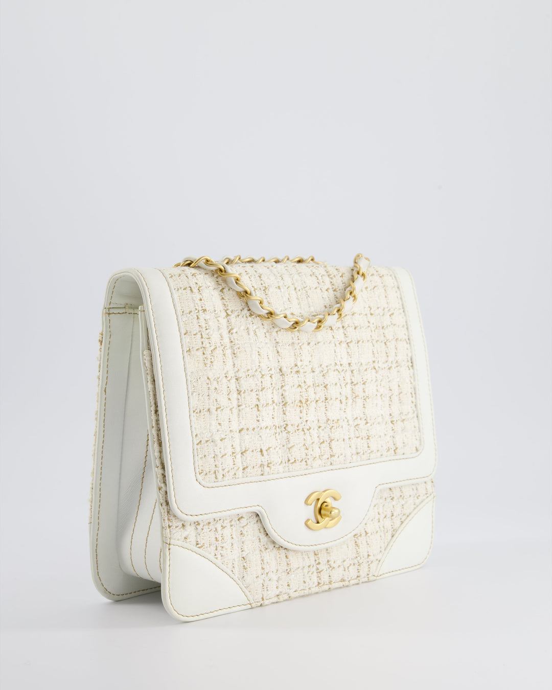 Top Quality Chanel Small White Tweed and Aged Calfskin Flap Bag with Brushed Gold Hardware