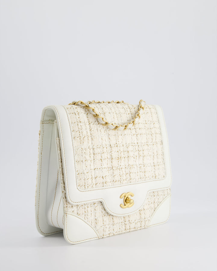 Top Quality Chanel Small White Tweed and Aged Calfskin Flap Bag with Brushed Gold Hardware