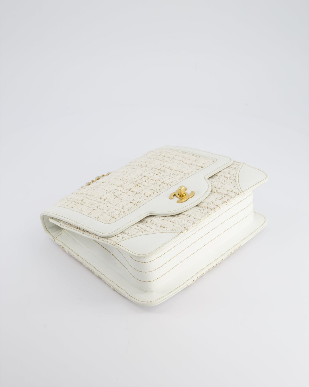 Top Quality Chanel Small White Tweed and Aged Calfskin Flap Bag with Brushed Gold Hardware