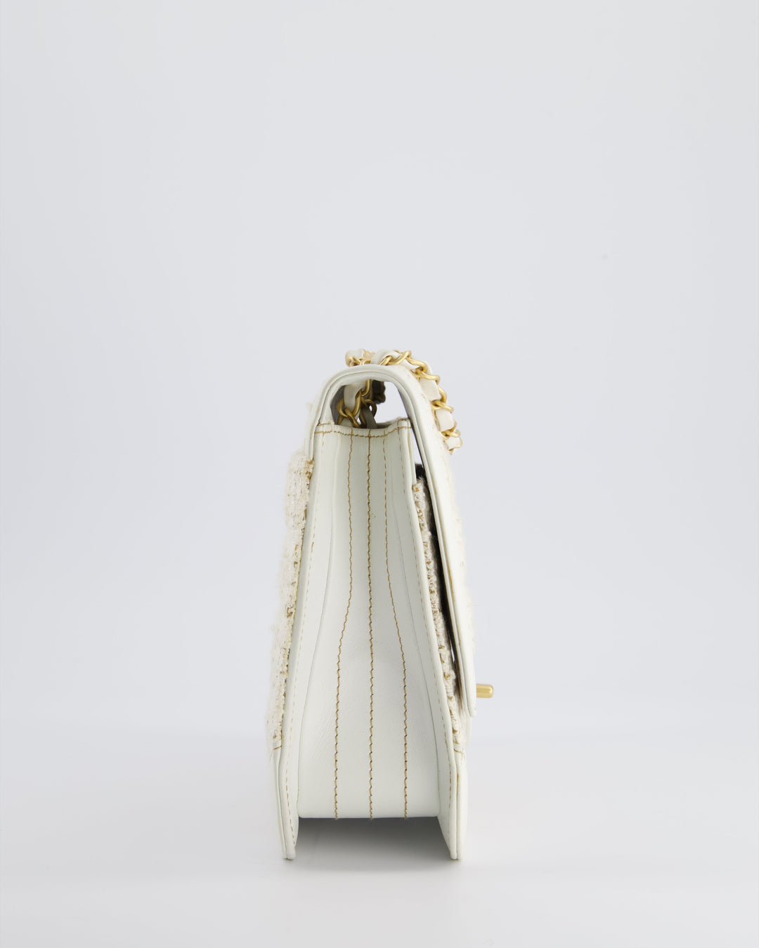 Top Quality Chanel Small White Tweed and Aged Calfskin Flap Bag with Brushed Gold Hardware