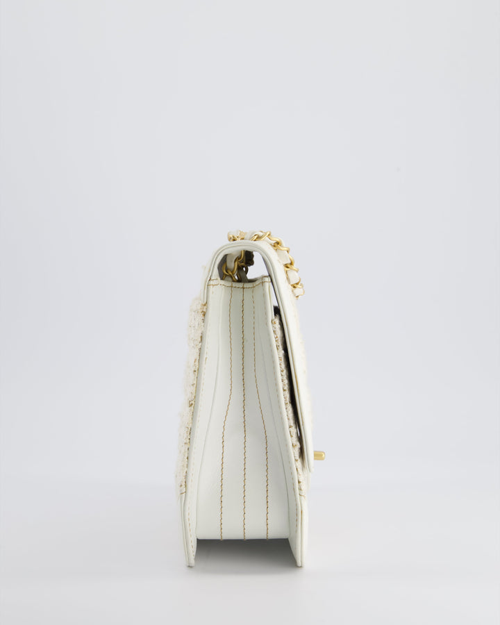 Top Quality Chanel Small White Tweed and Aged Calfskin Flap Bag with Brushed Gold Hardware