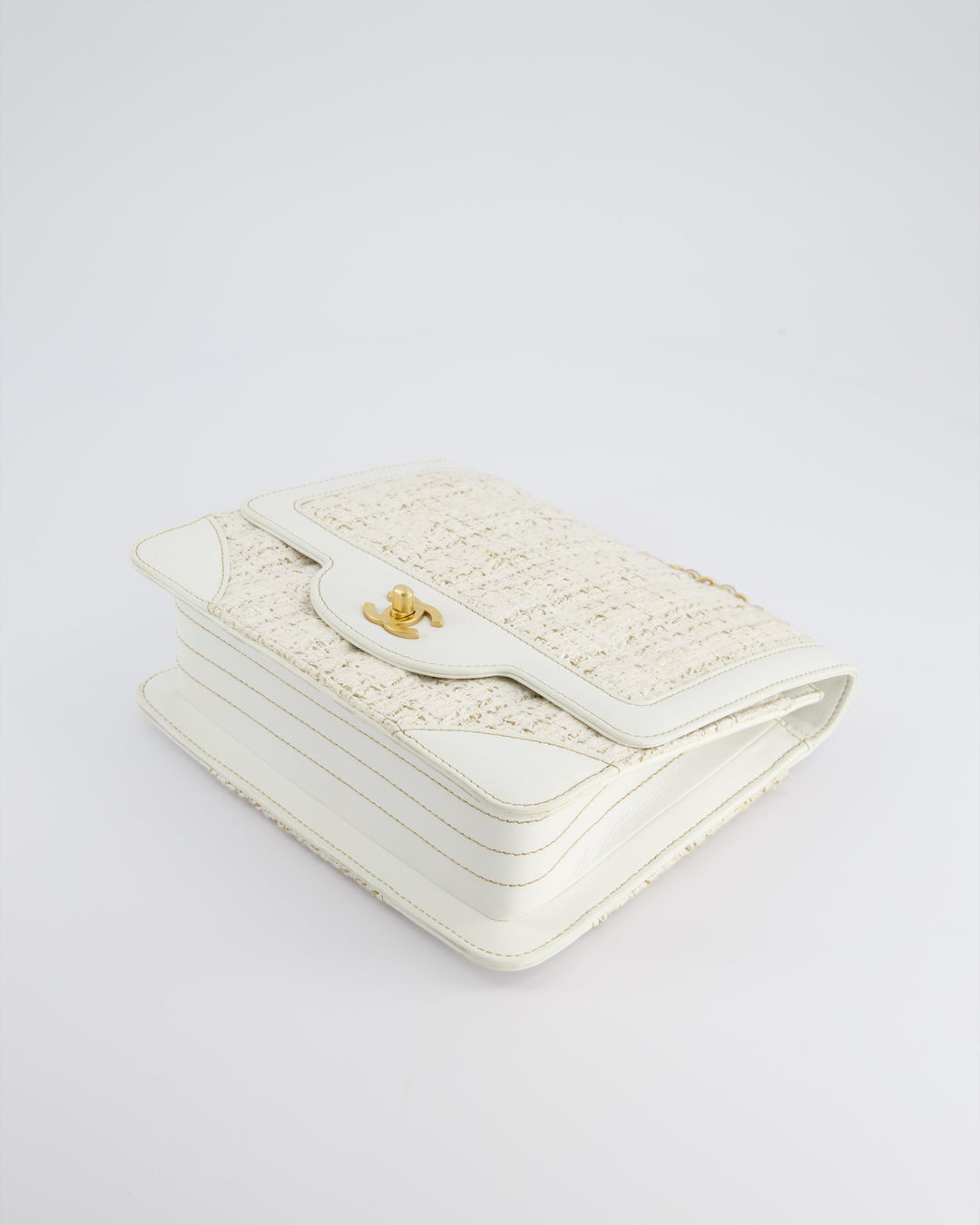 Top Quality Chanel Small White Tweed and Aged Calfskin Flap Bag with Brushed Gold Hardware