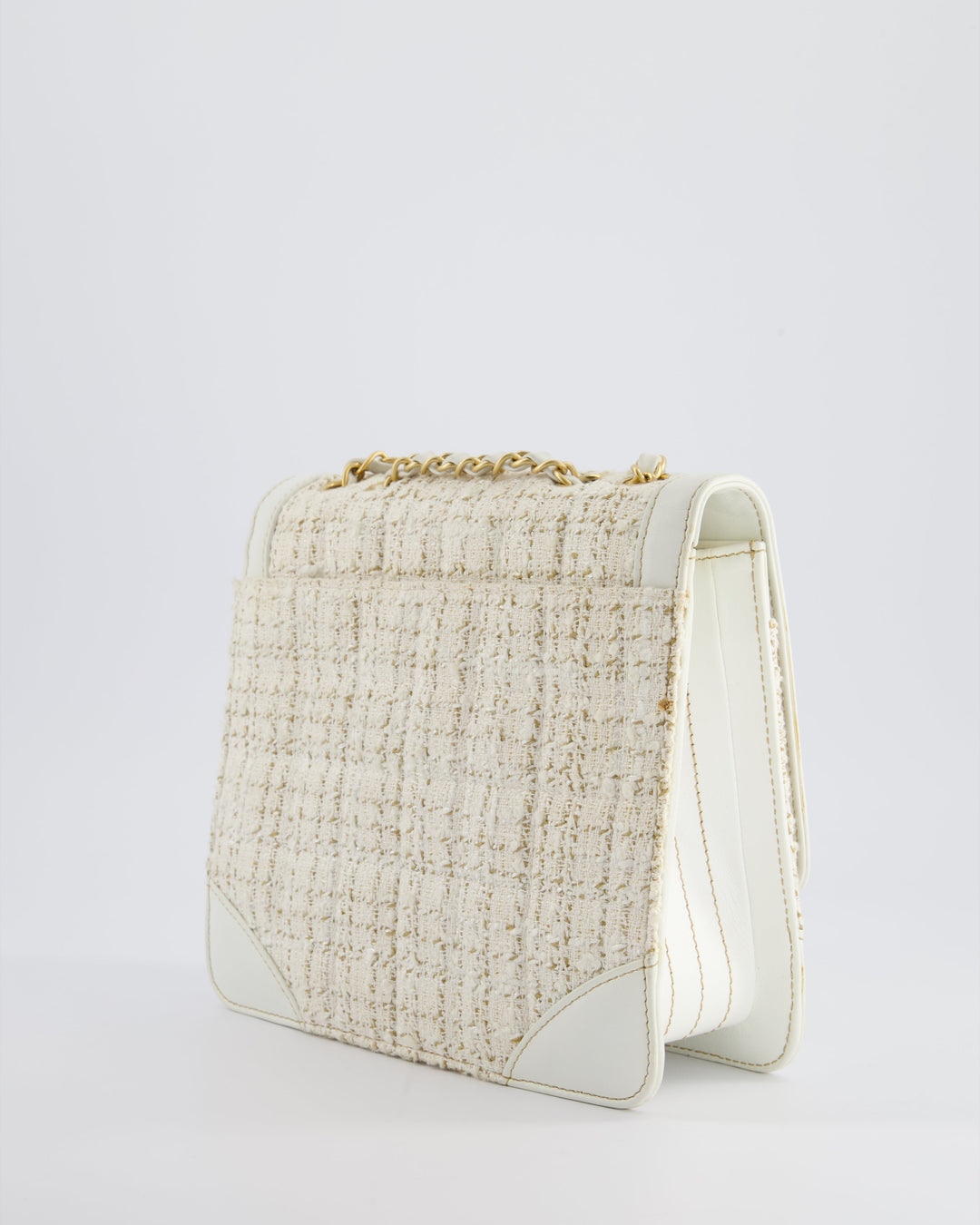 Top Quality Chanel Small White Tweed and Aged Calfskin Flap Bag with Brushed Gold Hardware