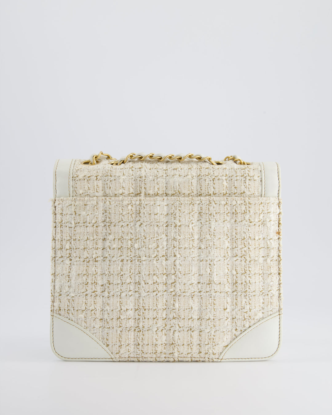 Top Quality Chanel Small White Tweed and Aged Calfskin Flap Bag with Brushed Gold Hardware