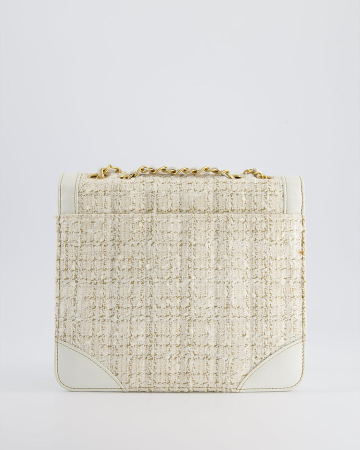 Top Quality Chanel Small White Tweed and Aged Calfskin Flap Bag with Brushed Gold Hardware