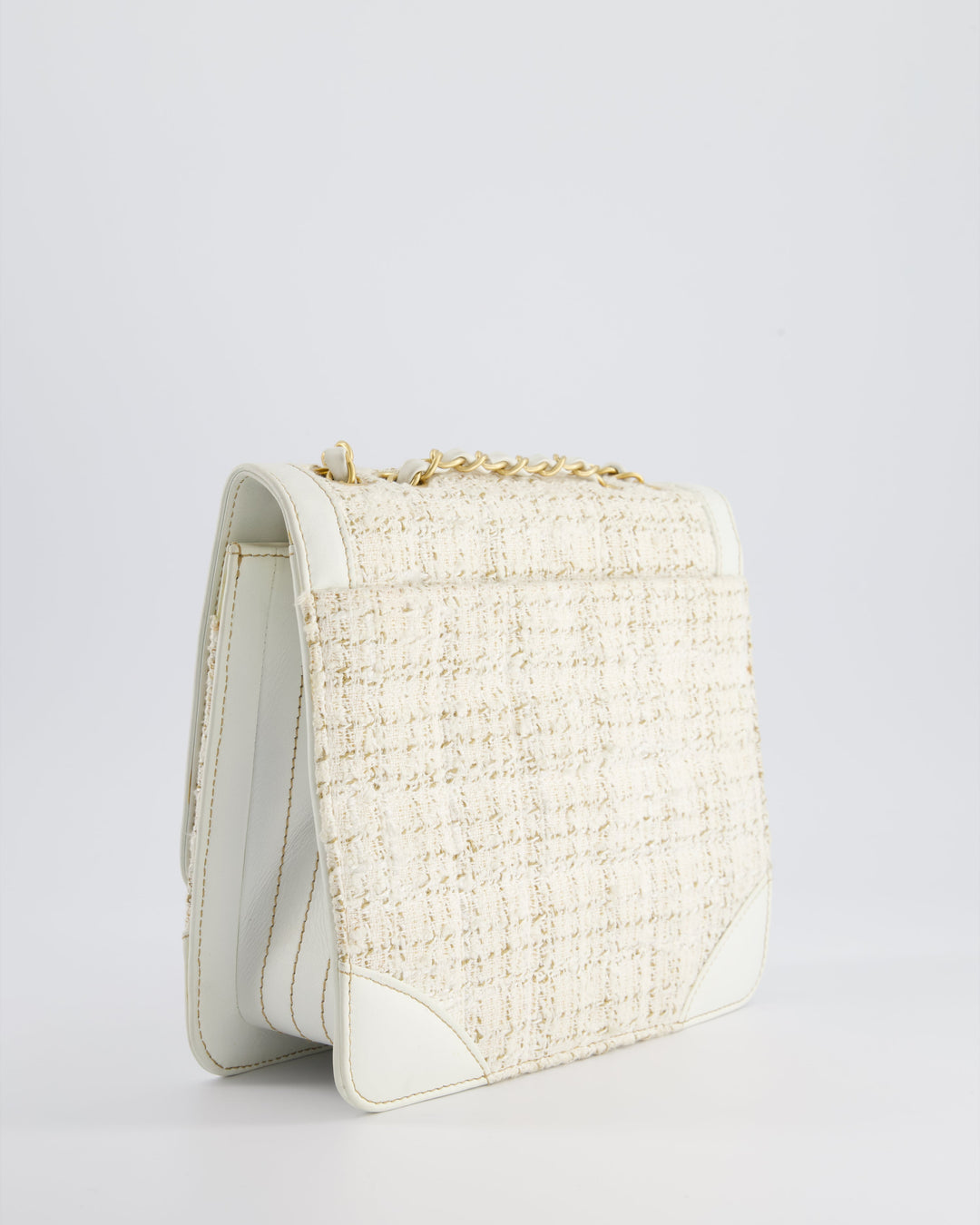 Top Quality Chanel Small White Tweed and Aged Calfskin Flap Bag with Brushed Gold Hardware