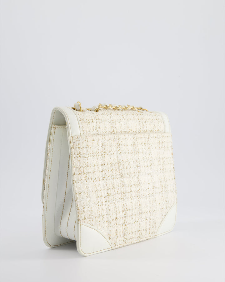 Top Quality Chanel Small White Tweed and Aged Calfskin Flap Bag with Brushed Gold Hardware