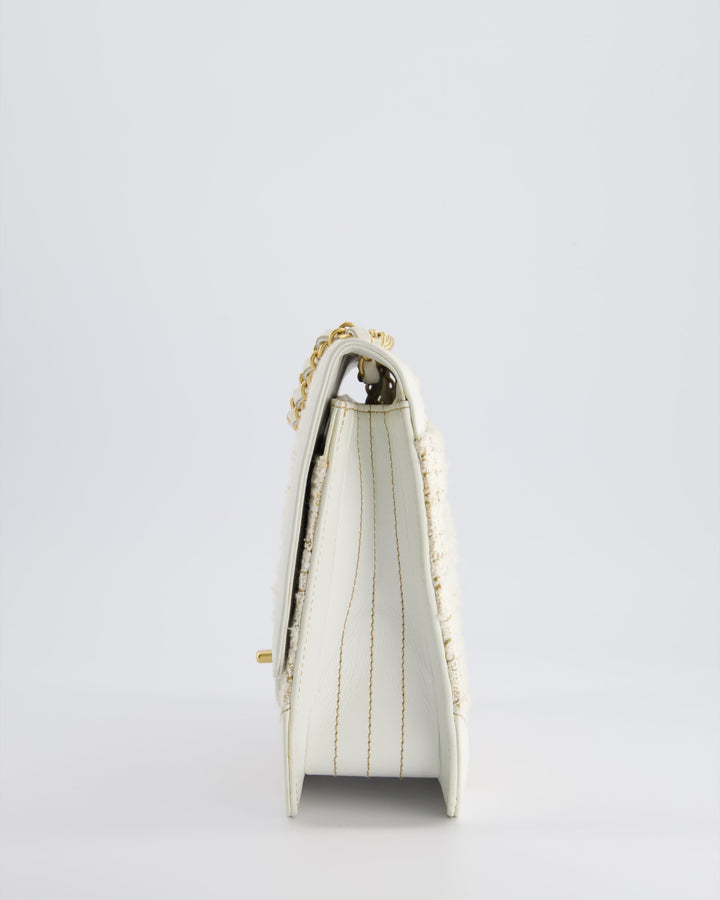 Top Quality Chanel Small White Tweed and Aged Calfskin Flap Bag with Brushed Gold Hardware