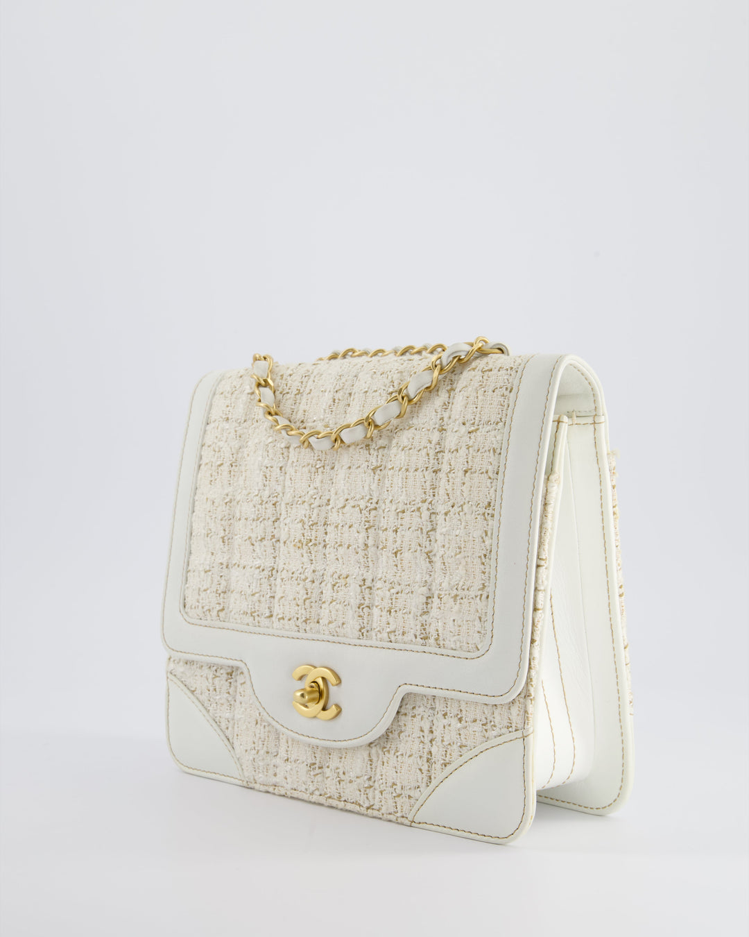 Top Quality Chanel Small White Tweed and Aged Calfskin Flap Bag with Brushed Gold Hardware