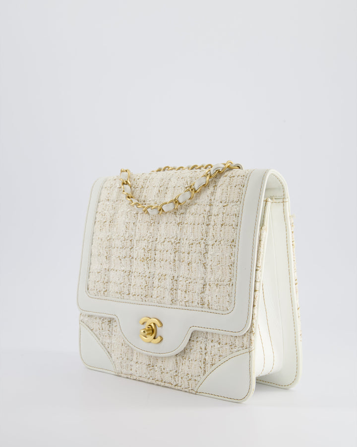 Top Quality Chanel Small White Tweed and Aged Calfskin Flap Bag with Brushed Gold Hardware