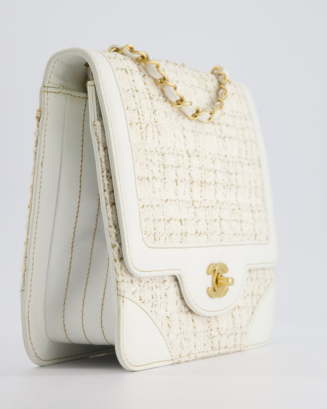Top Quality Chanel Small White Tweed and Aged Calfskin Flap Bag with Brushed Gold Hardware