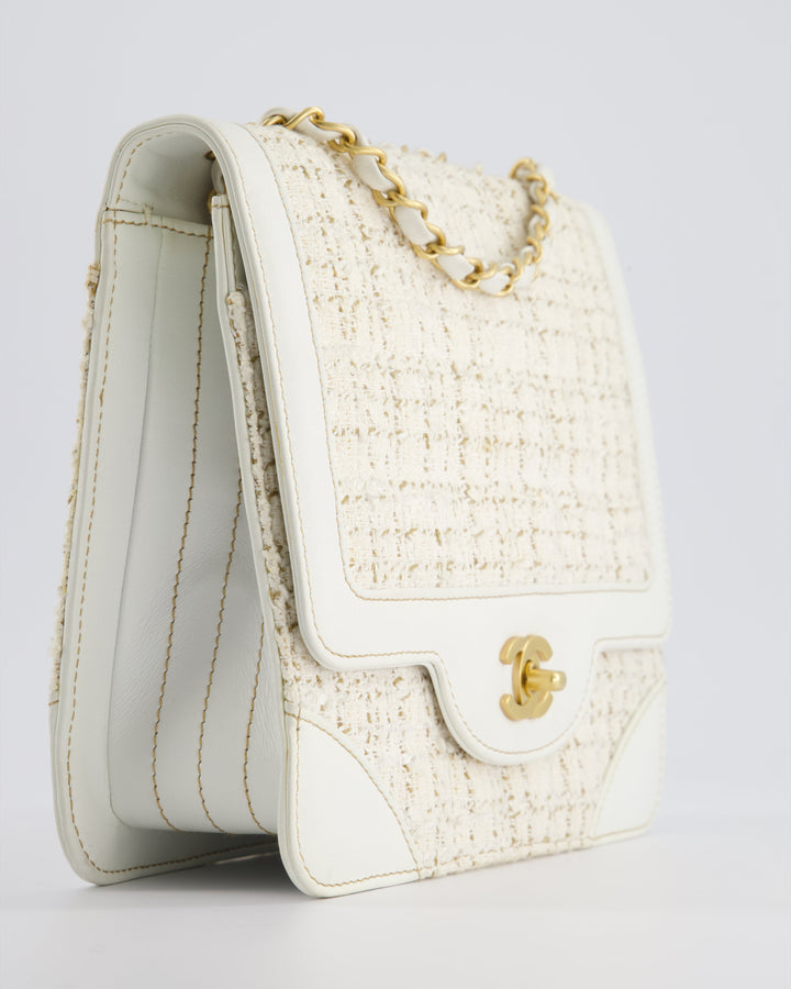Top Quality Chanel Small White Tweed and Aged Calfskin Flap Bag with Brushed Gold Hardware