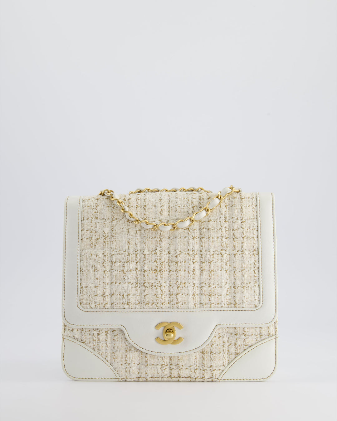 Top Quality Chanel Small White Tweed and Aged Calfskin Flap Bag with Brushed Gold Hardware