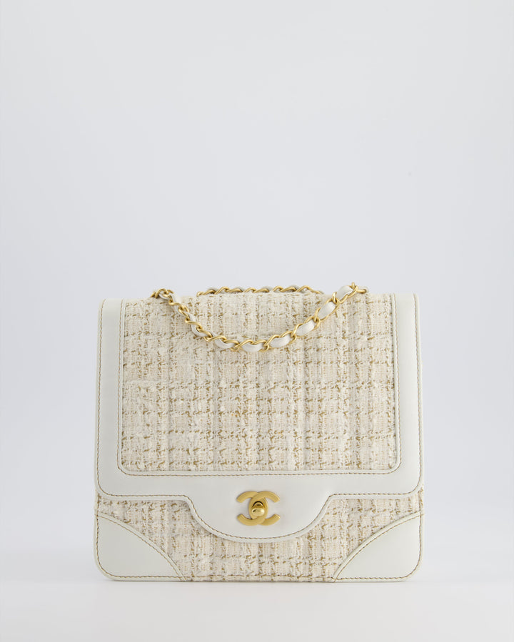 Top Quality Chanel Small White Tweed and Aged Calfskin Flap Bag with Brushed Gold Hardware