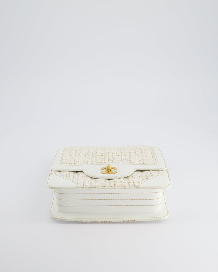 Top Quality Chanel Small White Tweed and Aged Calfskin Flap Bag with Brushed Gold Hardware