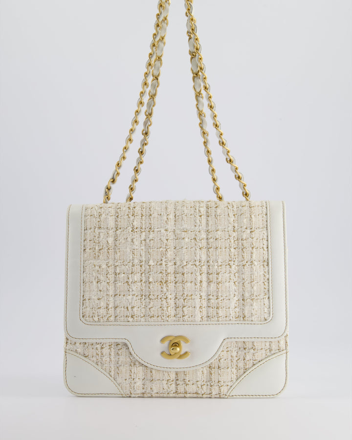 Top Quality Chanel Small White Tweed and Aged Calfskin Flap Bag with Brushed Gold Hardware