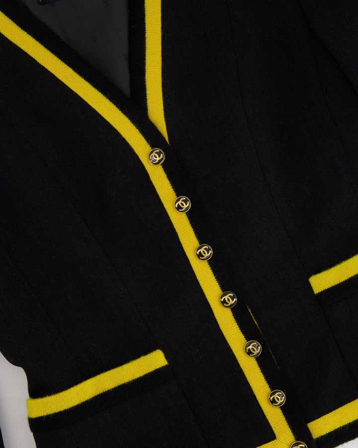 *HOT* Top Quality Chanel 1994 Vintage Black and Yellow Wool Jacket & Midi Skirt Set with CC Logo Button Details Size FR 40 (UK 12)