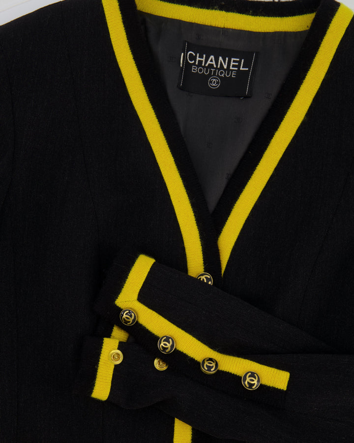 *HOT* Top Quality Chanel 1994 Vintage Black and Yellow Wool Jacket & Midi Skirt Set with CC Logo Button Details Size FR 40 (UK 12)