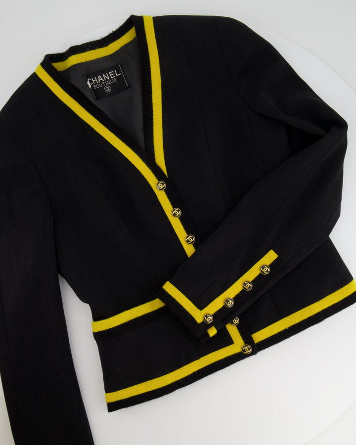 *HOT* Top Quality Chanel 1994 Vintage Black and Yellow Wool Jacket & Midi Skirt Set with CC Logo Button Details Size FR 40 (UK 12)