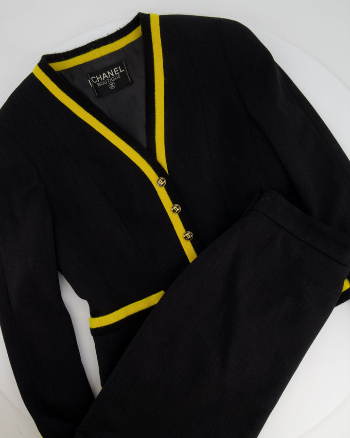 *HOT* Top Quality Chanel 1994 Vintage Black and Yellow Wool Jacket & Midi Skirt Set with CC Logo Button Details Size FR 40 (UK 12)