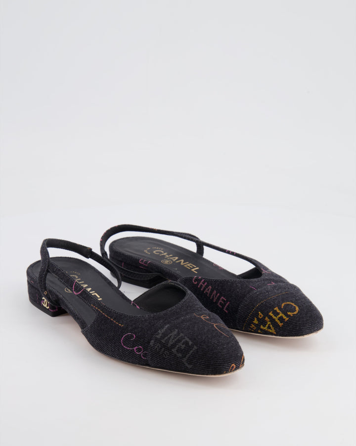 Top Quality Chanel 22P Grey Denim Flat Slingback with Logo Detail and Brand Stamps Details Size EU 36C