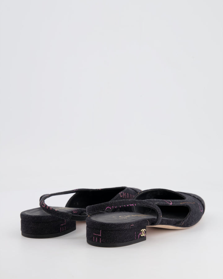 Top Quality Chanel 22P Grey Denim Flat Slingback with Logo Detail and Brand Stamps Details Size EU 36C