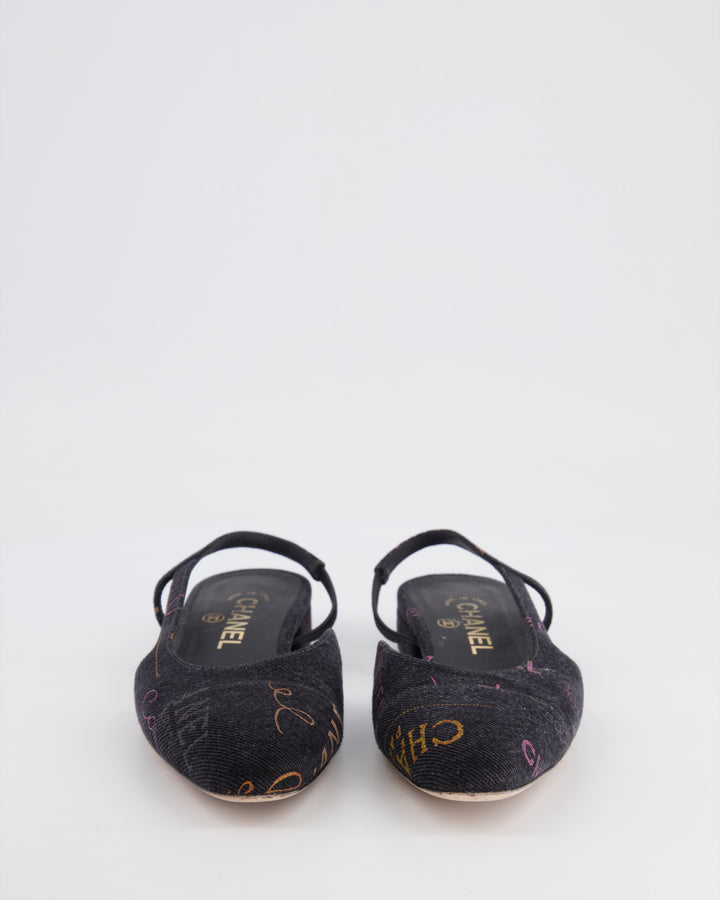 Top Quality Chanel 22P Grey Denim Flat Slingback with Logo Detail and Brand Stamps Details Size EU 36C