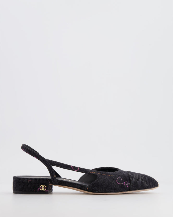Top Quality Chanel 22P Grey Denim Flat Slingback with Logo Detail and Brand Stamps Details Size EU 36C