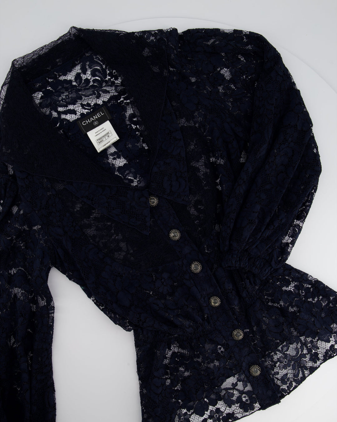 Top Quality Chanel Navy Lace Long Sleeve Shirt with Ruthenium Buttons Detail Size FR 36 (UK 8)