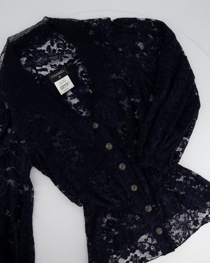 Top Quality Chanel Navy Lace Long Sleeve Shirt with Ruthenium Buttons Detail Size FR 36 (UK 8)