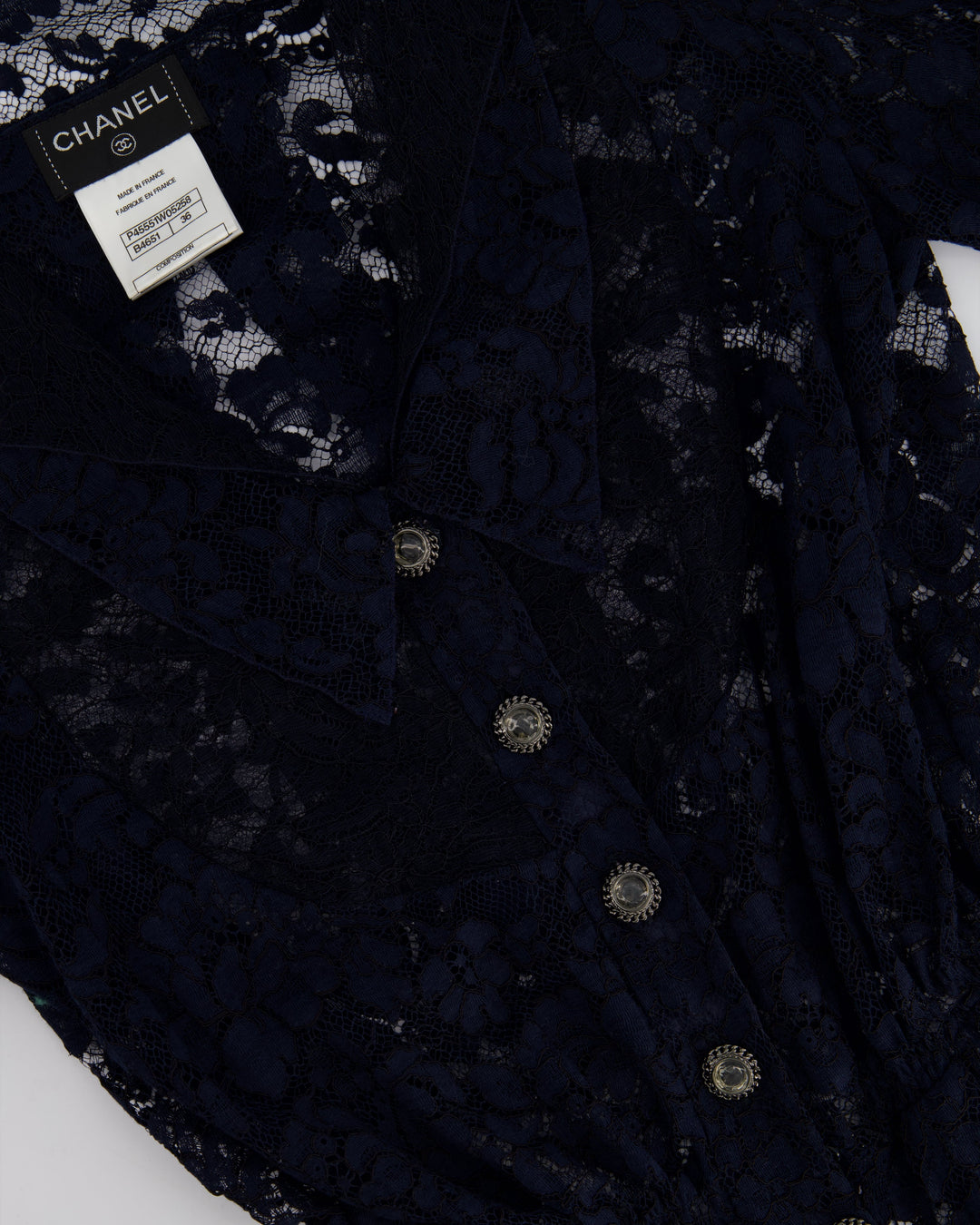 Top Quality Chanel Navy Lace Long Sleeve Shirt with Ruthenium Buttons Detail Size FR 36 (UK 8)