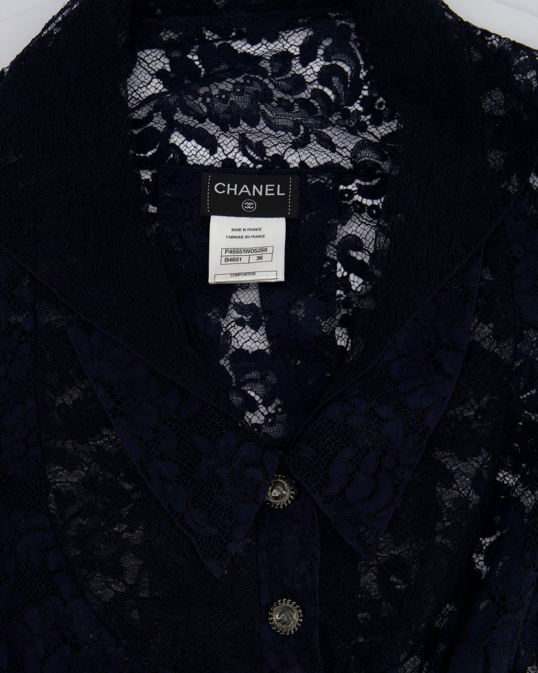 Top Quality Chanel Navy Lace Long Sleeve Shirt with Ruthenium Buttons Detail Size FR 36 (UK 8)