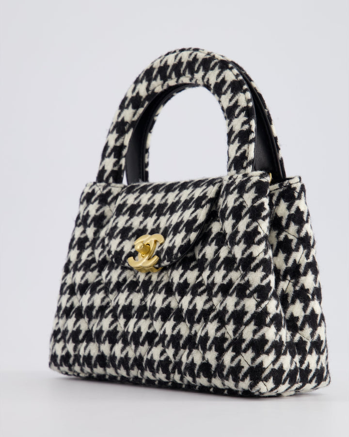 *HOT* Top Quality Chanel Small Kelly Shopping Bag in Black & White Wool Houndstooth with Brushed Antique Gold Hardware