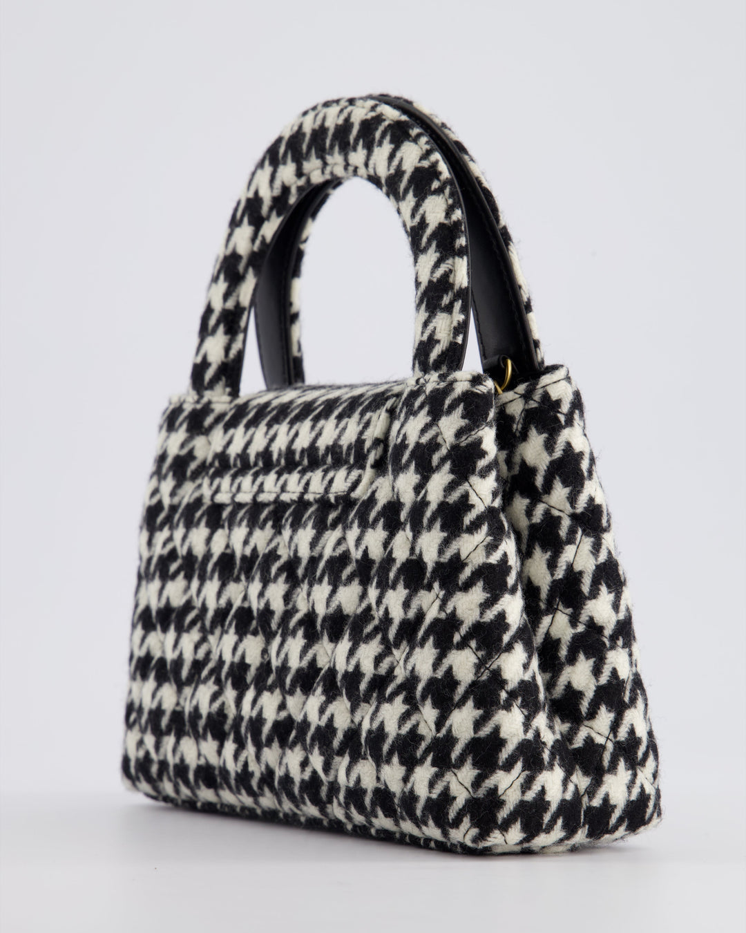 *HOT* Top Quality Chanel Small Kelly Shopping Bag in Black & White Wool Houndstooth with Brushed Antique Gold Hardware