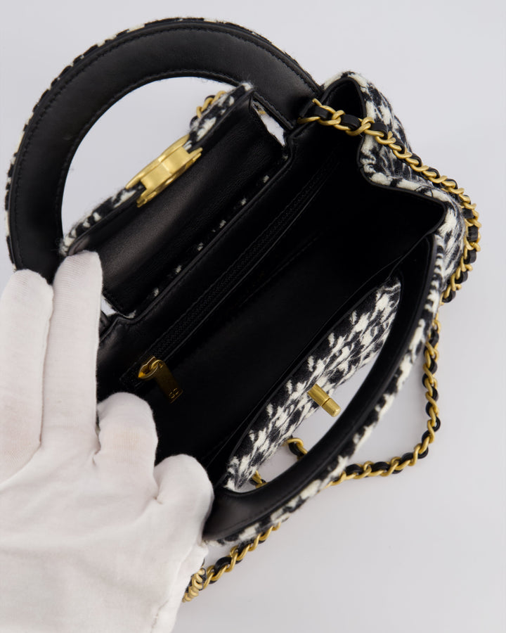 *HOT* Top Quality Chanel Small Kelly Shopping Bag in Black & White Wool Houndstooth with Brushed Antique Gold Hardware