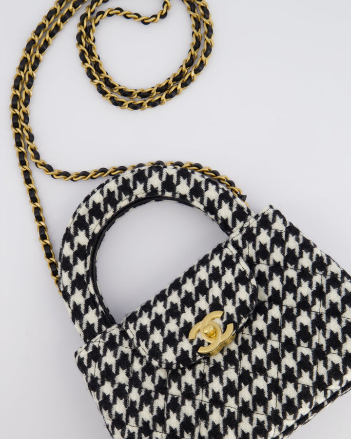 *HOT* Top Quality Chanel Small Kelly Shopping Bag in Black & White Wool Houndstooth with Brushed Antique Gold Hardware