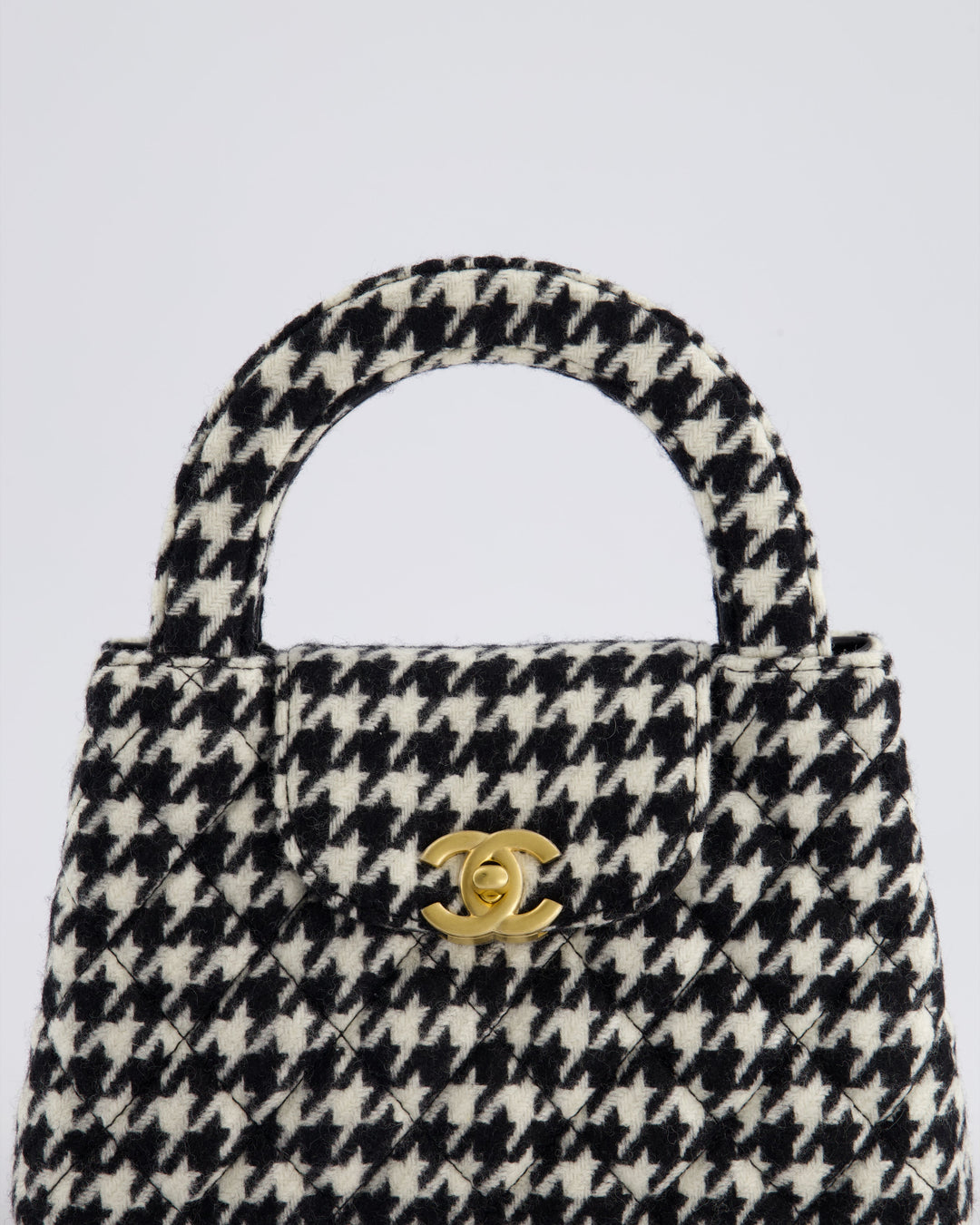 *HOT* Top Quality Chanel Small Kelly Shopping Bag in Black & White Wool Houndstooth with Brushed Antique Gold Hardware