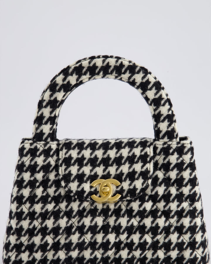*HOT* Top Quality Chanel Small Kelly Shopping Bag in Black & White Wool Houndstooth with Brushed Antique Gold Hardware