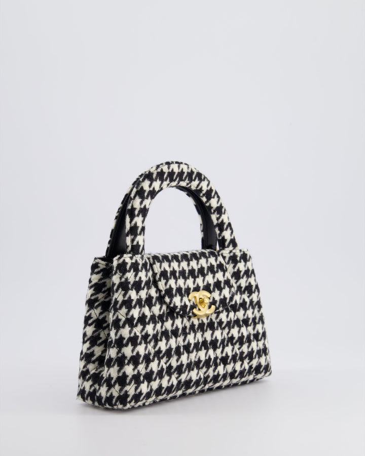 *HOT* Top Quality Chanel Small Kelly Shopping Bag in Black & White Wool Houndstooth with Brushed Antique Gold Hardware