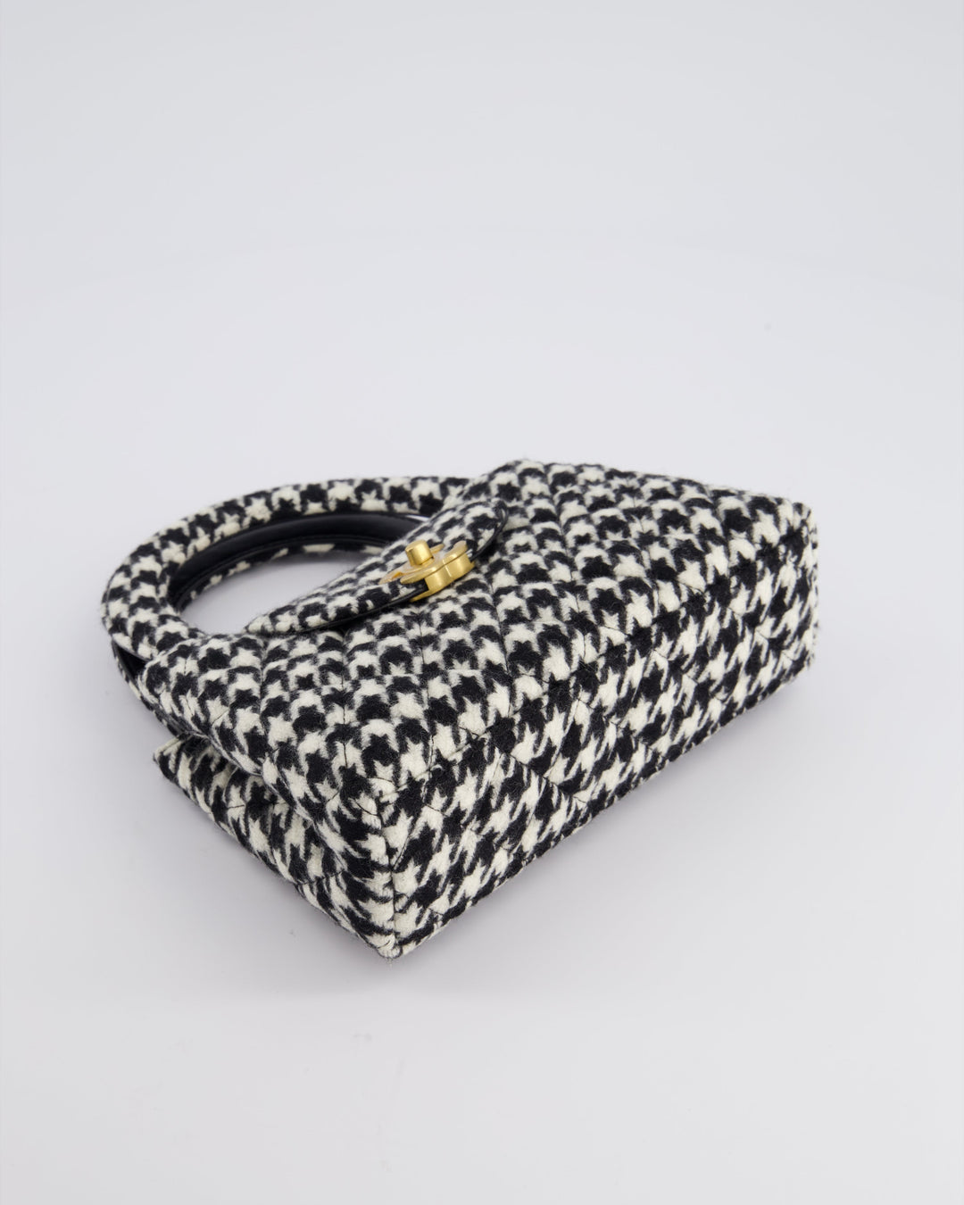*HOT* Top Quality Chanel Small Kelly Shopping Bag in Black & White Wool Houndstooth with Brushed Antique Gold Hardware