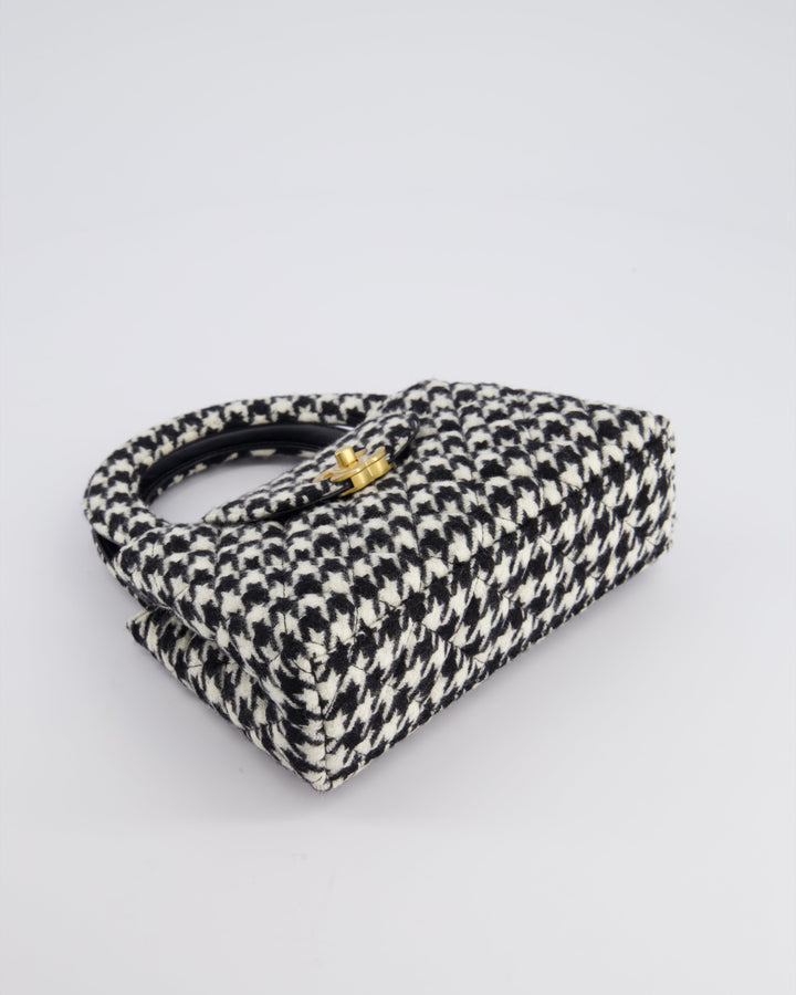 *HOT* Top Quality Chanel Small Kelly Shopping Bag in Black & White Wool Houndstooth with Brushed Antique Gold Hardware