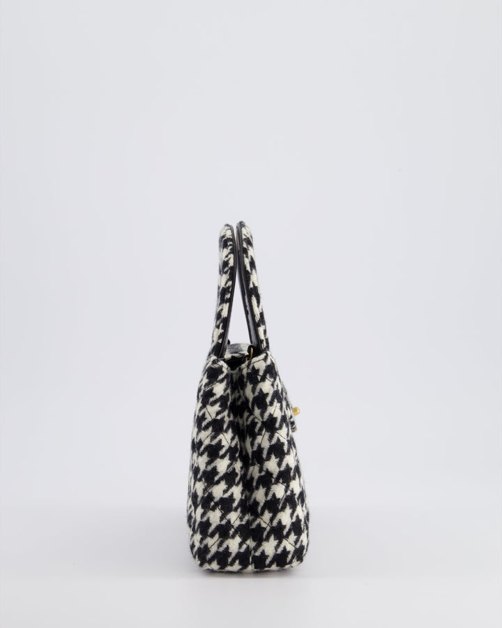 *HOT* Top Quality Chanel Small Kelly Shopping Bag in Black & White Wool Houndstooth with Brushed Antique Gold Hardware