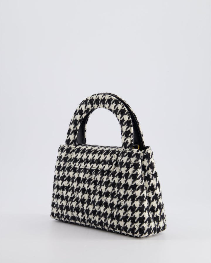 *HOT* Top Quality Chanel Small Kelly Shopping Bag in Black & White Wool Houndstooth with Brushed Antique Gold Hardware