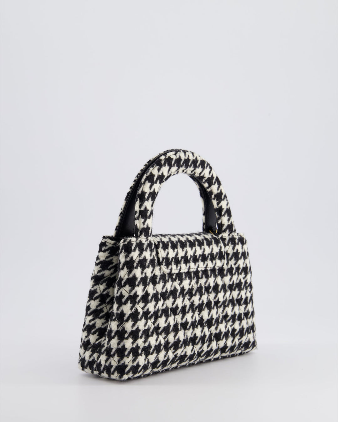 *HOT* Top Quality Chanel Small Kelly Shopping Bag in Black & White Wool Houndstooth with Brushed Antique Gold Hardware