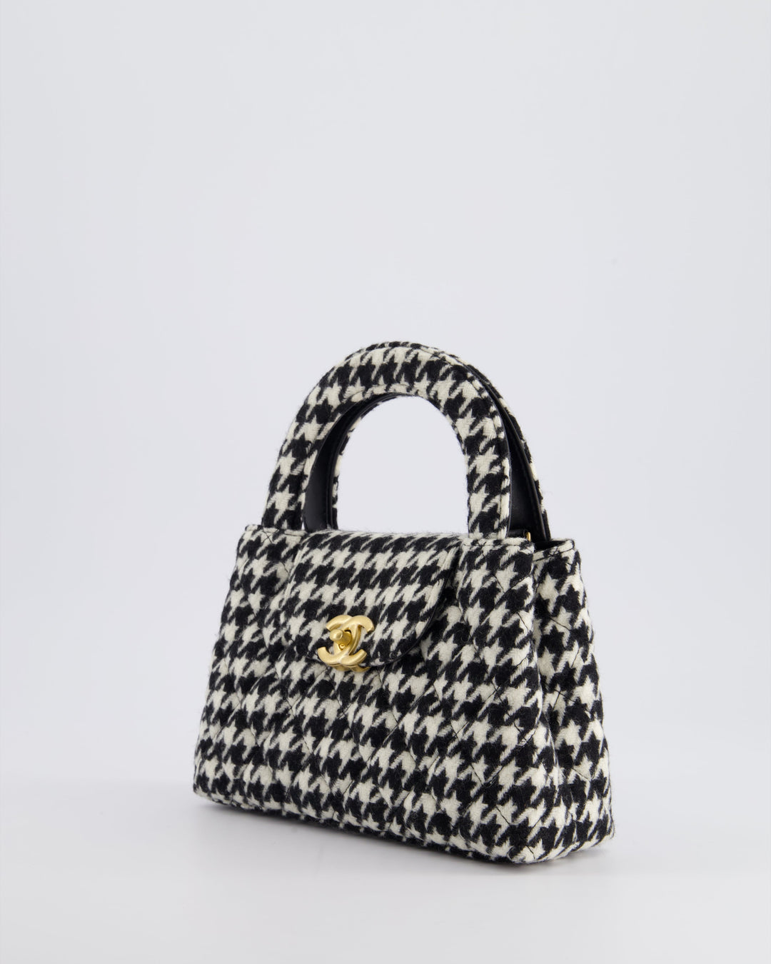 *HOT* Top Quality Chanel Small Kelly Shopping Bag in Black & White Wool Houndstooth with Brushed Antique Gold Hardware