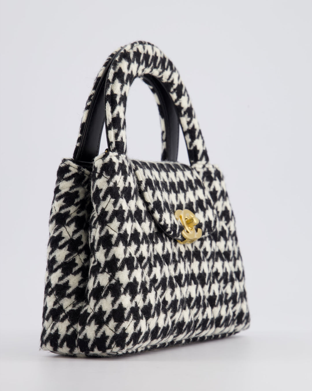 *HOT* Top Quality Chanel Small Kelly Shopping Bag in Black & White Wool Houndstooth with Brushed Antique Gold Hardware